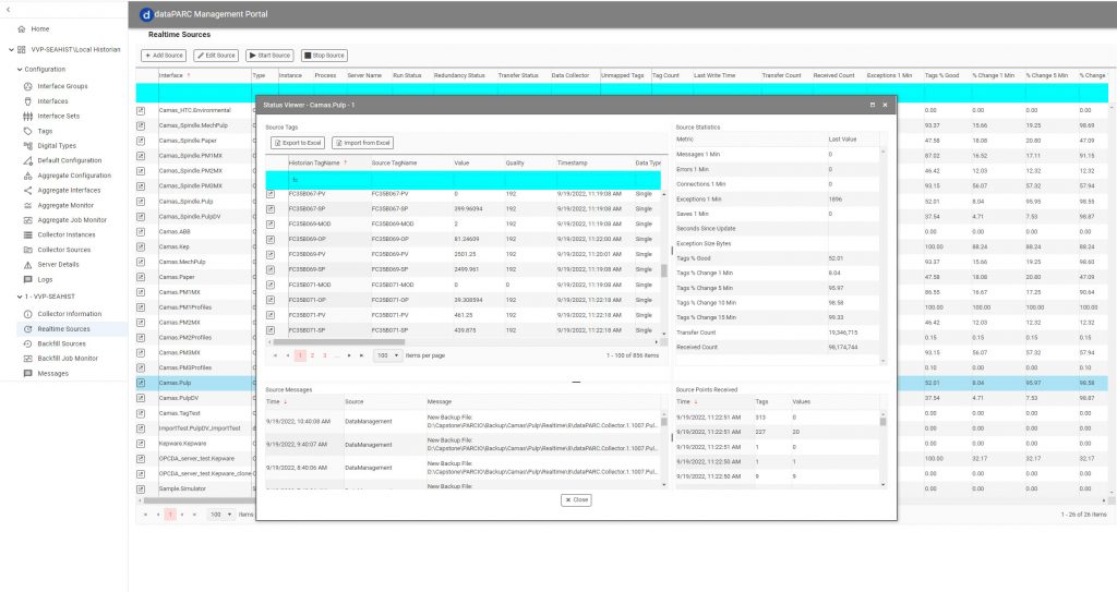 Screen of the dataPARC Historian management portal.