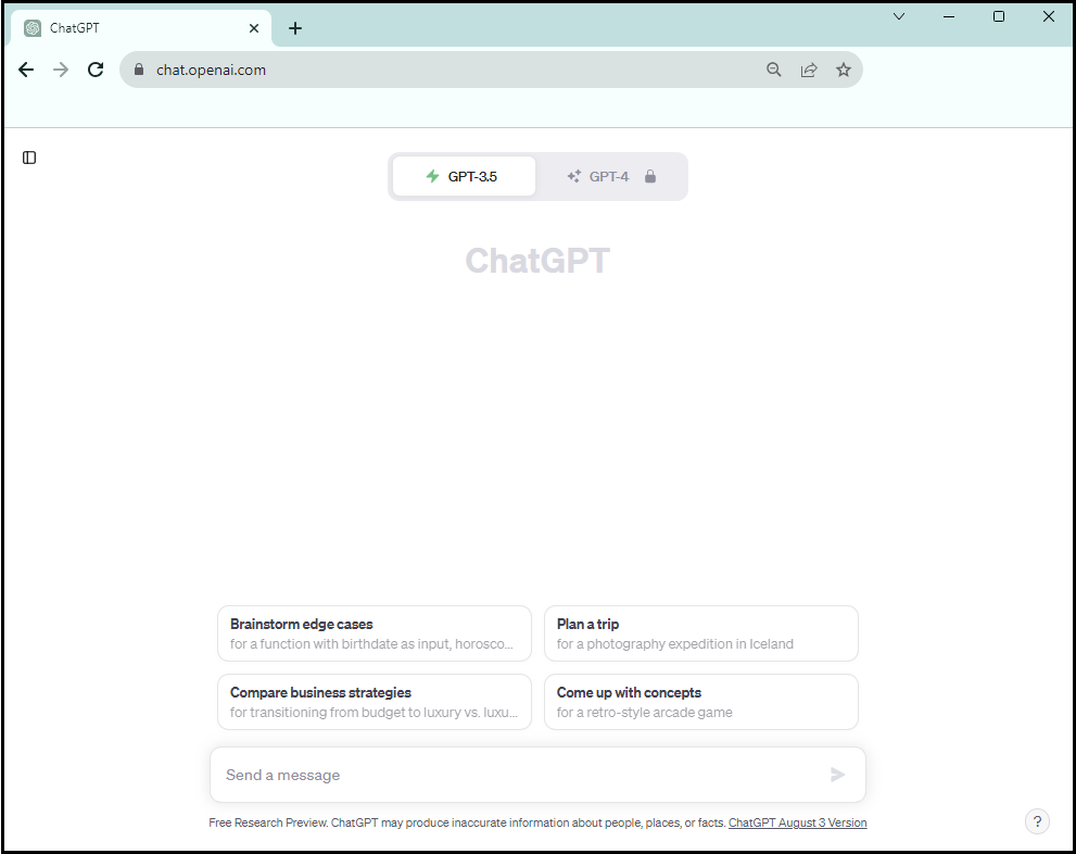 Home screen of ChatGPT. Message box at the bottom where a user can type in a question.