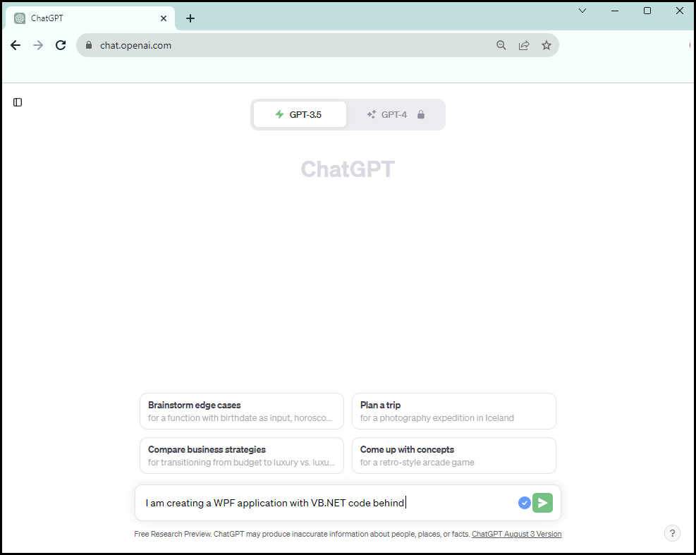 ChatGPT window with a statement starting to be filled into the question box.