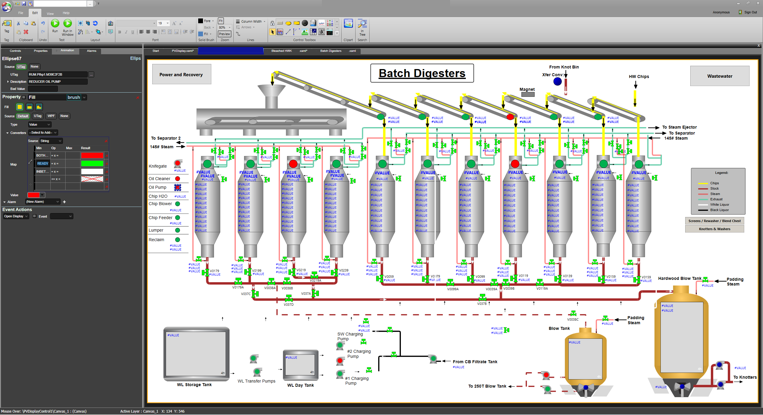 dataPARC PARCgraphic Designer window with an graphic of batch digesters. This show multiple digesters with tags illustrating a digital twin. 