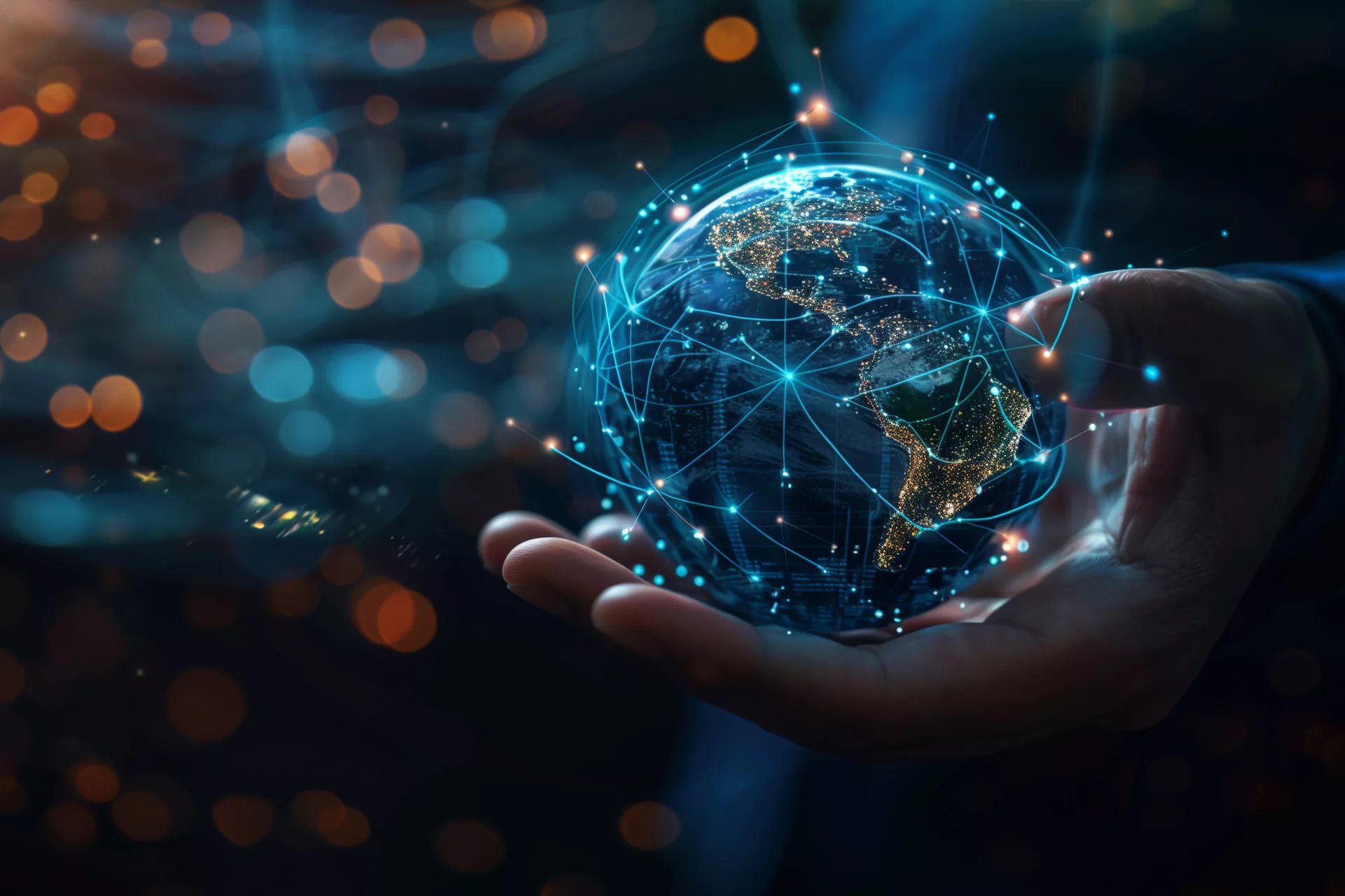 Hand holding a globe with data swirls around it.