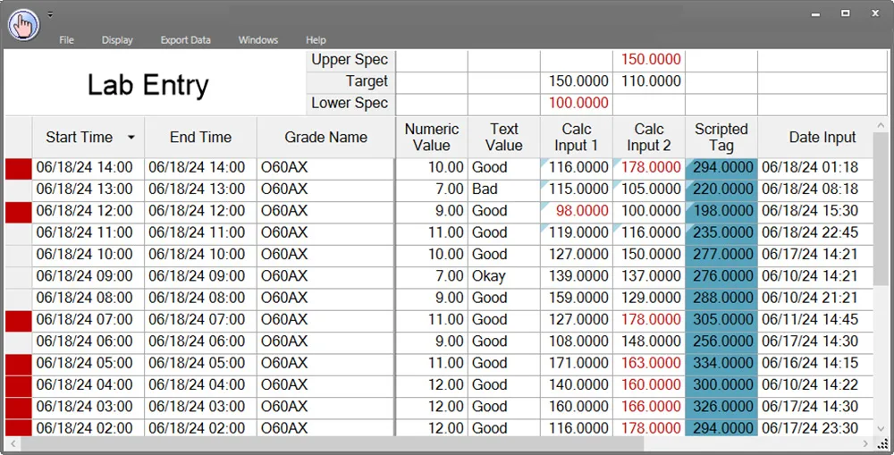 dataPARCs 手動データ入力画面。制限付きグリッドと色付けされたセル。一部のセルには角に薄い青色の三角形が表示されます。赤色は仕様外値を含むレコードを識別します。  