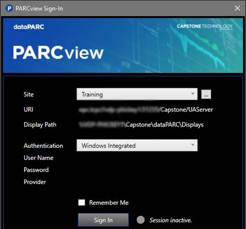 Janela de login do PARCviews, permitindo a segurança integrada do Windows como opção de autenticação. 