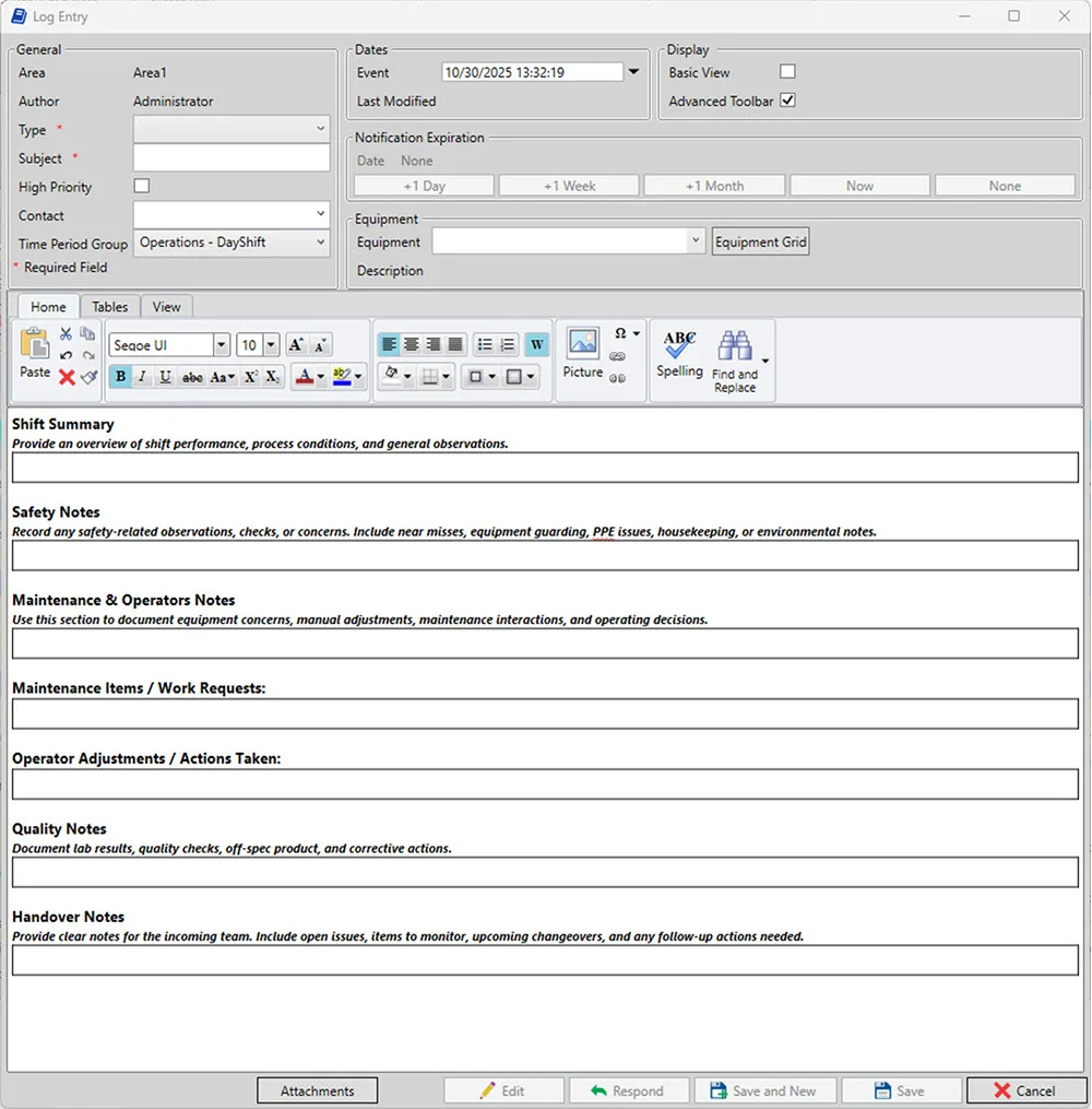 Logbook entry form for operators to enter shift information and save it for the next shift to see this information.