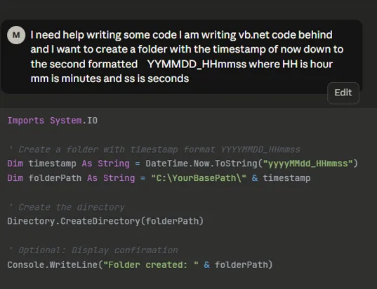a prompt to an LLM and the resulting code.